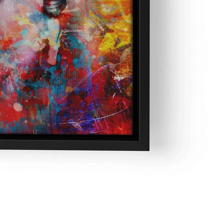 Modernes Wandbild in kräftigen Farben mit abstrakter Porträtmalerei im schwarzen Rahmen