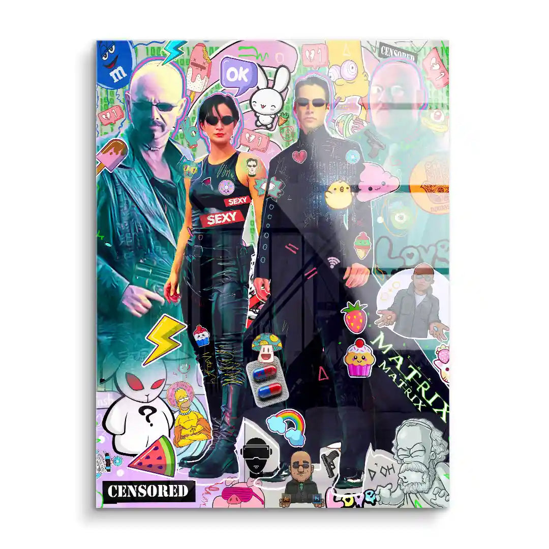 Matrix Comic Wandbild auf Acryl mit Pop Art Figuren, bunten Aufklebern und Grafitti-Elementen