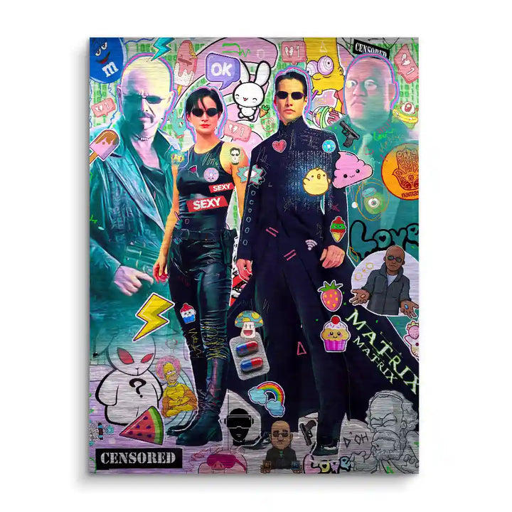 Matrix Comic Wandbild mit Neo und Trinity, Pop Art Stil, bunte Sticker und Graffiti-Elemente