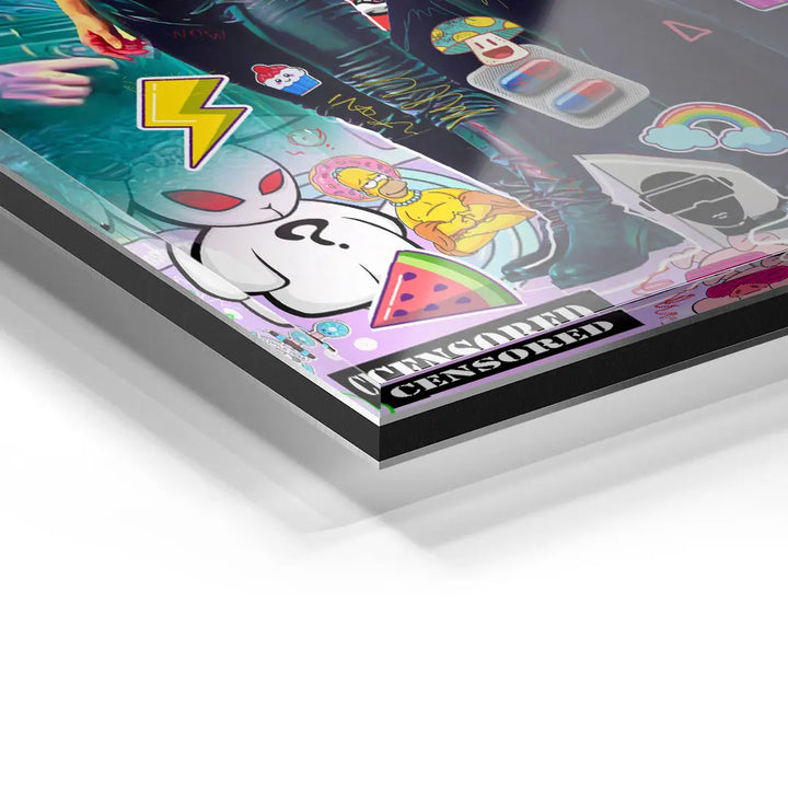 Detail eines bunten Matrix Comic Wandbilds auf Acryl mit Pop Art und Sticker-Elementen