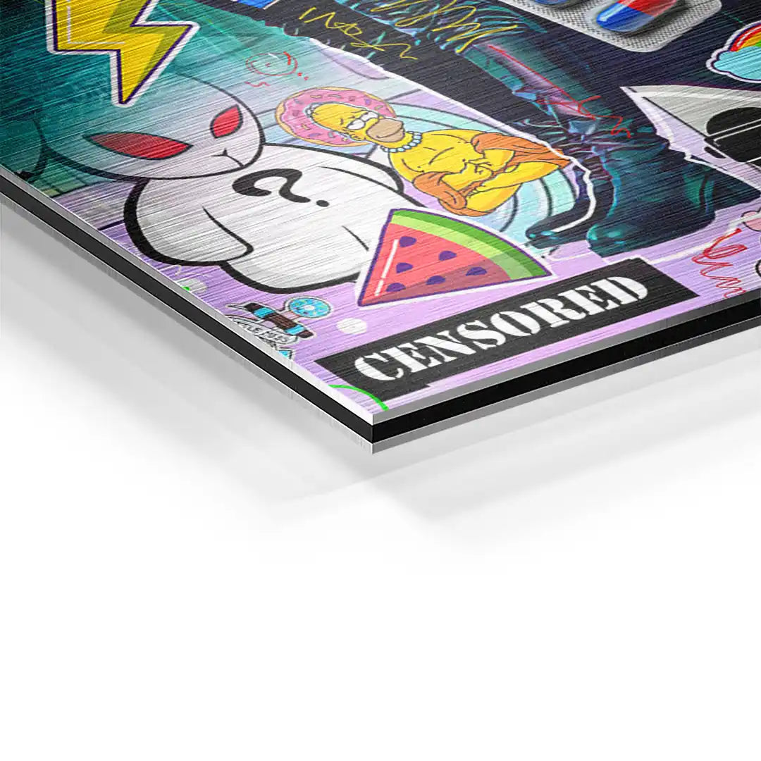 Comic Wandbild mit bunten Illustrationen, Cartoon-Figuren und Pop Art Details auf Aluminium