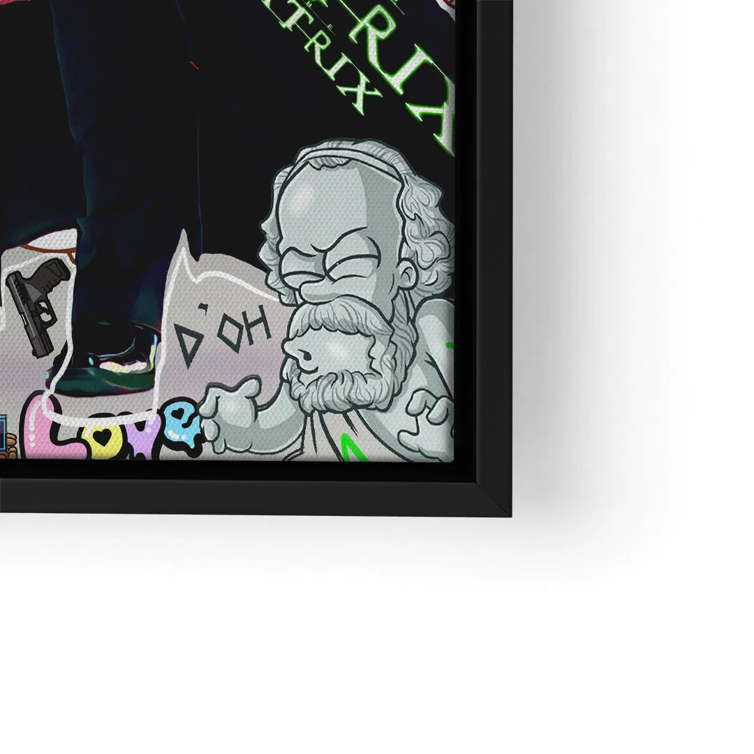 Comic Wandbild mit Matrix-Design, Cartoon-Figur und Graffiti-Elementen, gerahmt