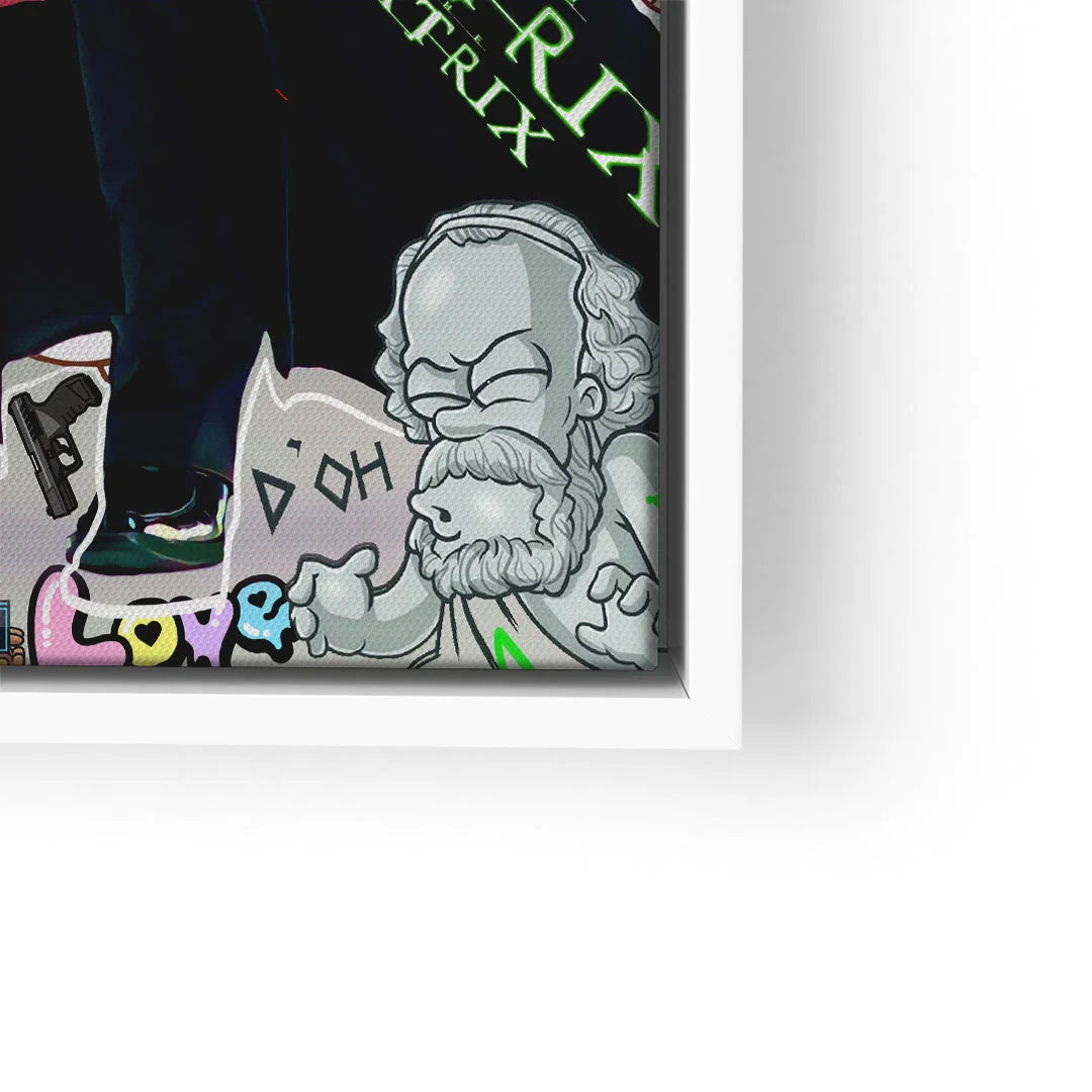 Matrix Comic Wandbild mit Cartoon-Charakter und Graffiti-Elementen in modernem Rahmen