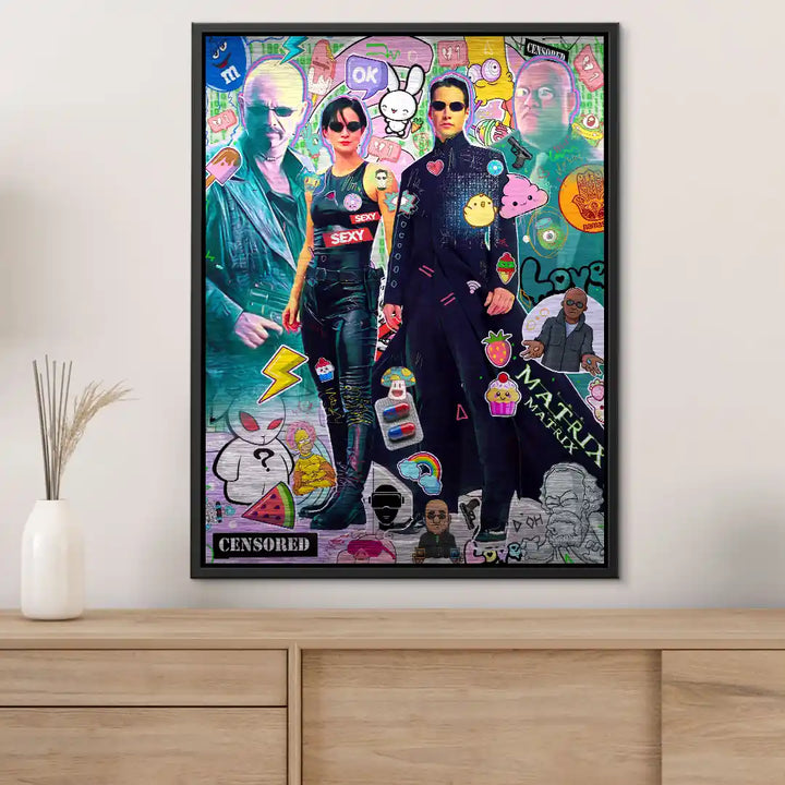 Matrix Comic Wandbild mit Charakteren und bunten Pop Art Stickern auf Leinwand