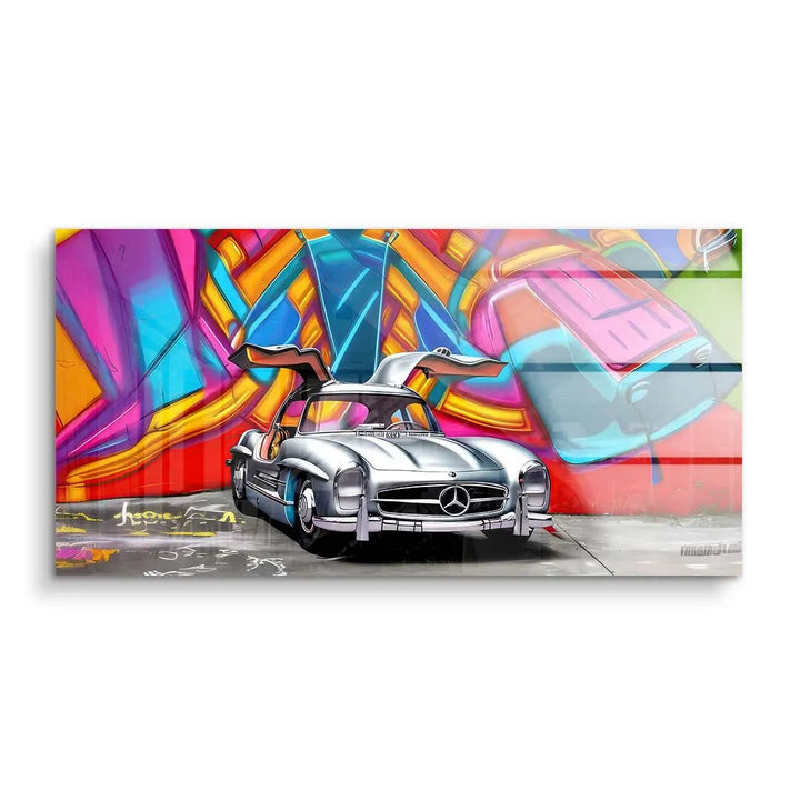 Wandbild mit Mercedes Oldtimer vor bunter Graffiti-Wand, Acrylglas Kunst für Wohnzimmer
