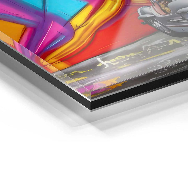 Detail eines Acrylglas-Wandbilds mit buntem Dreamcar-Motiv und Autofront, modernes Kunstbild