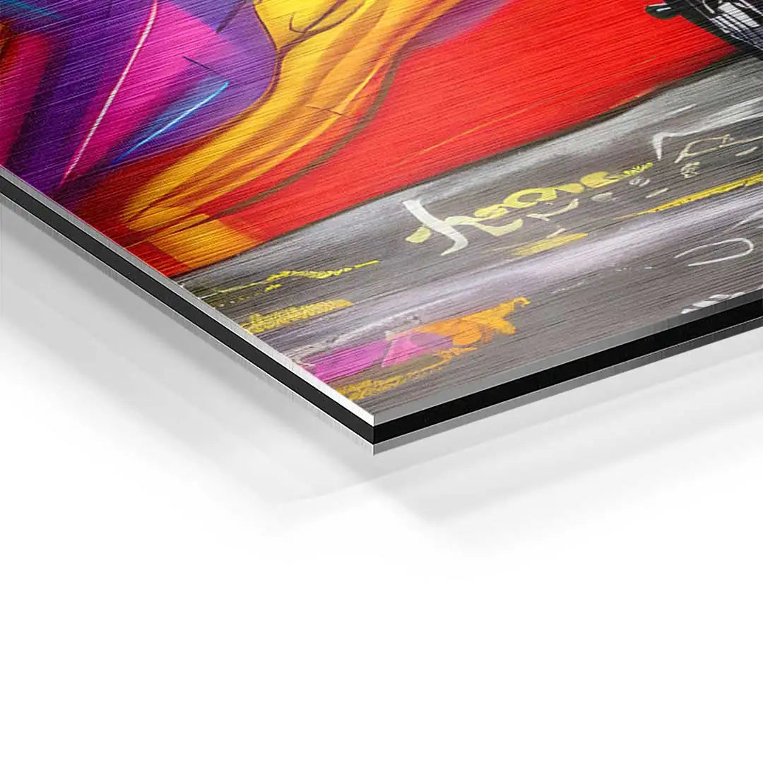 Detailansicht buntes Wandbild mit Mercedes Motiv auf gebürstetem Aluminium, moderne Kunst