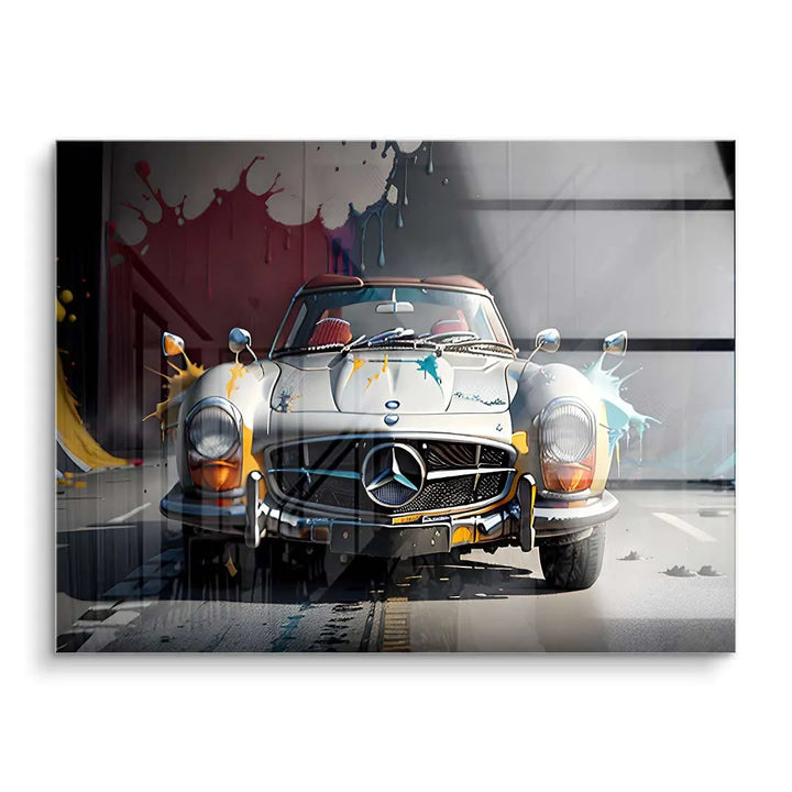 Wandbild mit klassischem Mercedes Oldtimer, bunte Farbspritzer, moderne Kunst auf Acryl
