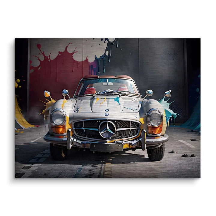 Wandbild mit klassischem Mercedes, bunte Farbspritzer, urbaner Hintergrund, moderne Kunst