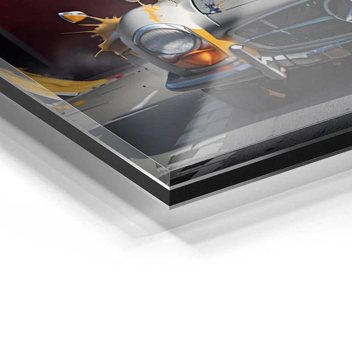 Detailansicht Acrylglas Wandbild mit Mercedes Splash Kunstmotiv, modernes Auto Kunstwerk