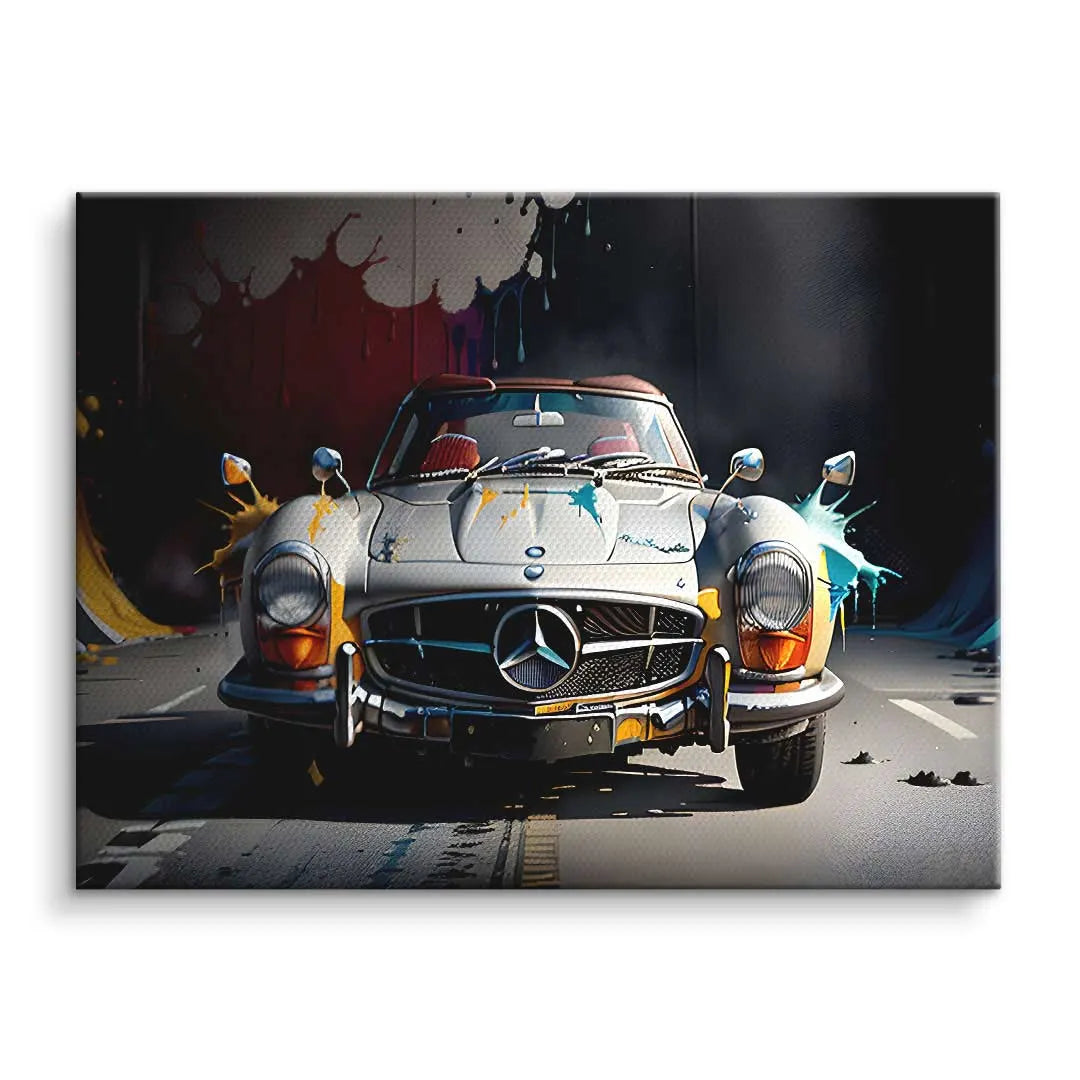 Wandbild mit Oldtimer Mercedes vor dunklem Hintergrund, bunte Farbspritzer, Kunst auf Leinwand