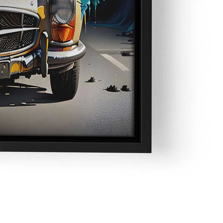 Modernes Wandbild mit gelbem Oldtimer-Auto, Spritzer-Effekt, gerahmt, Pop Art Stil