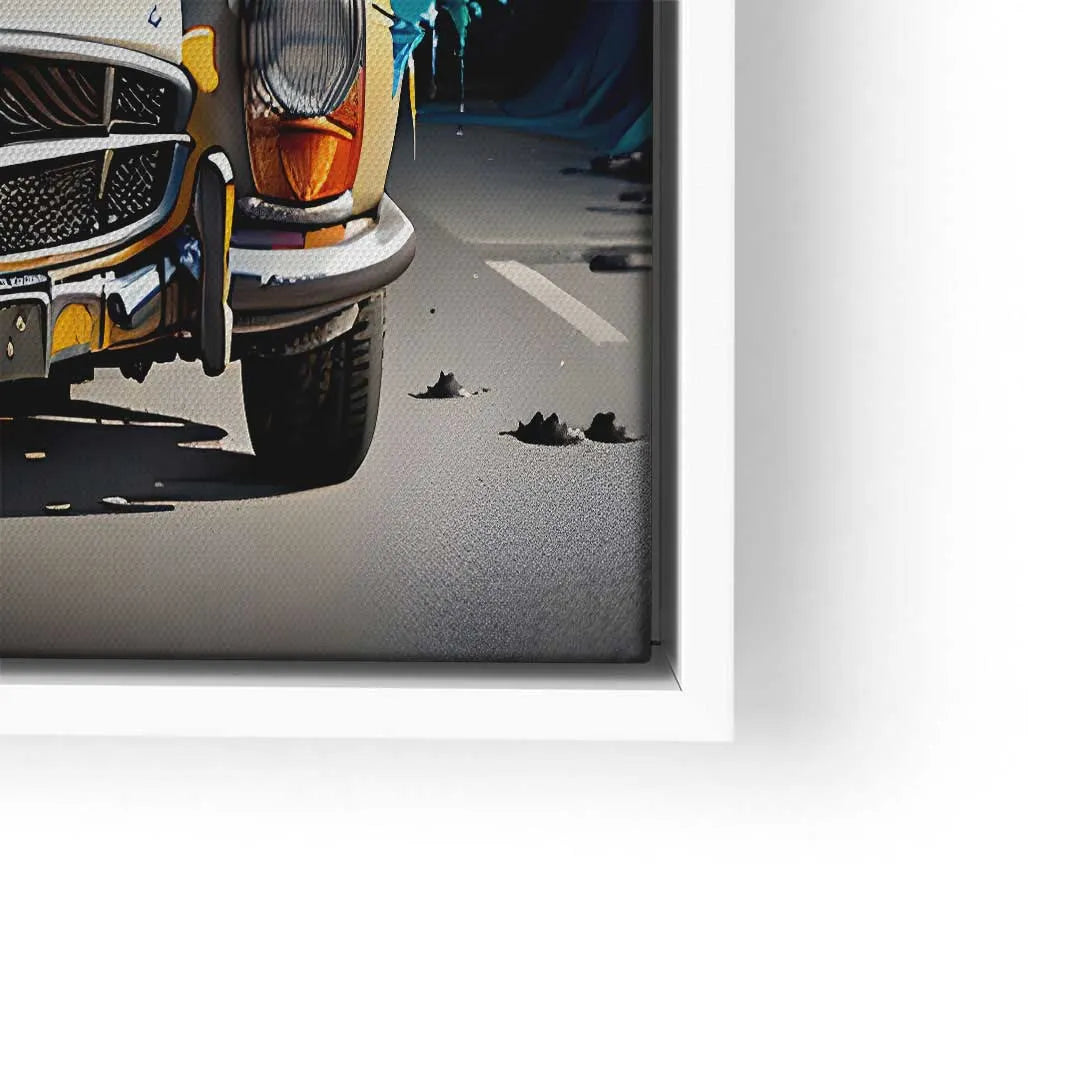 Modernes Wandbild mit Oldtimer Mercedes, Straßenmotiv und Farbspritzern als Kunstdruck