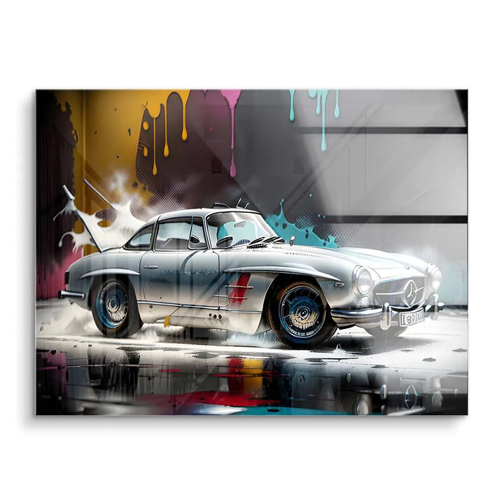 Wandbild mit silbernem Oldtimer Mercedes und bunter Splash-Kunst im modernen Stil