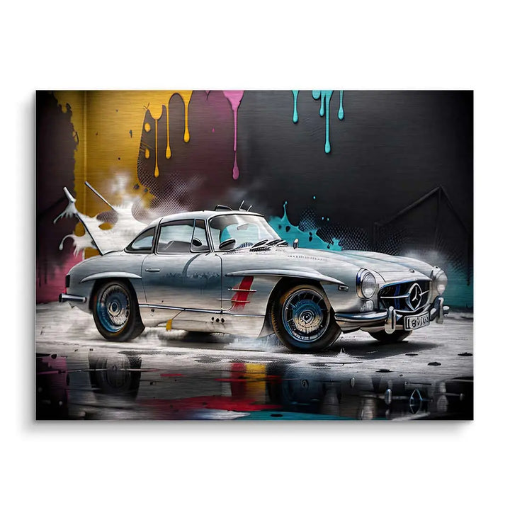 Wandbild mit Mercedes Oldtimer vor bunter, gesprühter Graffiti-Kulisse, moderne Kunst