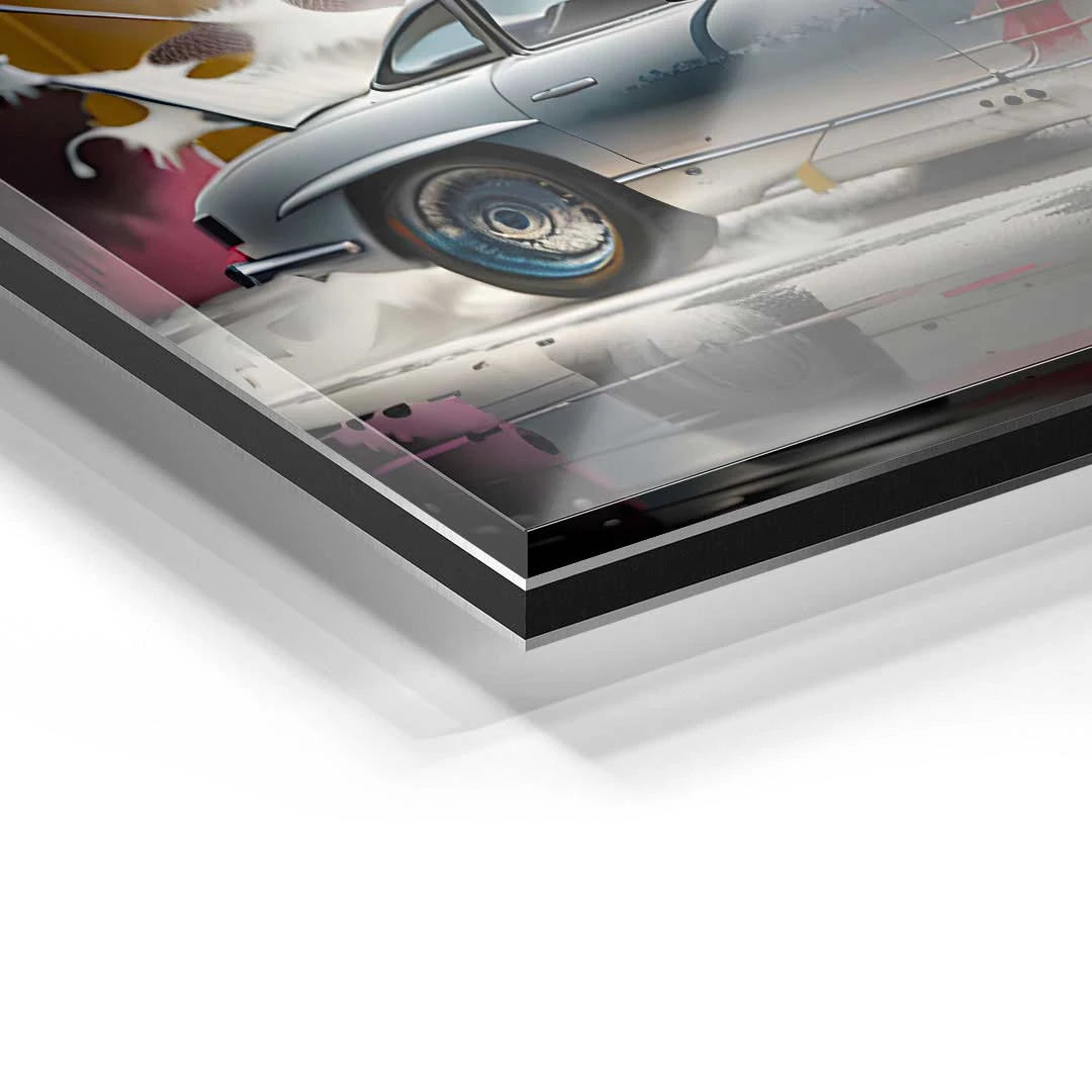 Detailaufnahme Acrylglas-Wandbild mit silbernem Oldtimer und Farbspritzern, moderner Kunststil