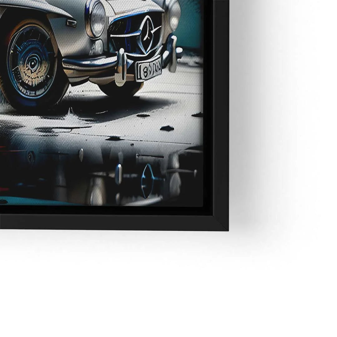 Modernes Wandbild mit Mercedes Oldtimer, reflektierende Oberfläche, schwarz gerahmt