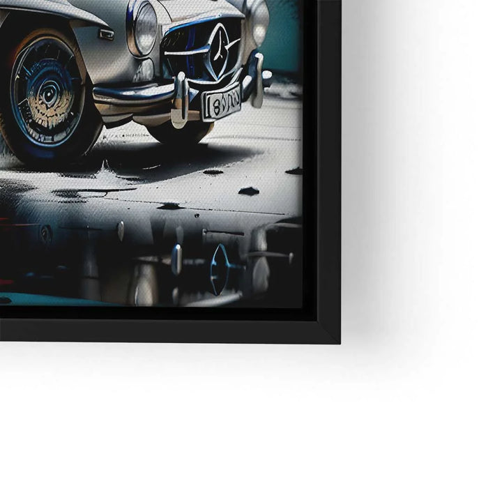 Modernes Wandbild mit Mercedes Oldtimer, reflektierende Oberfläche, schwarz gerahmt