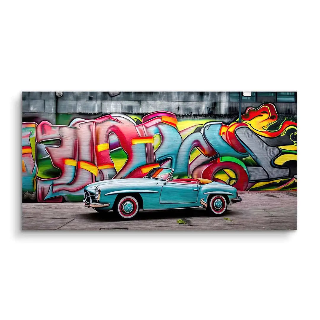 Vintage Cabrio vor bunter Graffiti-Wand als modernes Wandbild für Wohnzimmer oder Büro