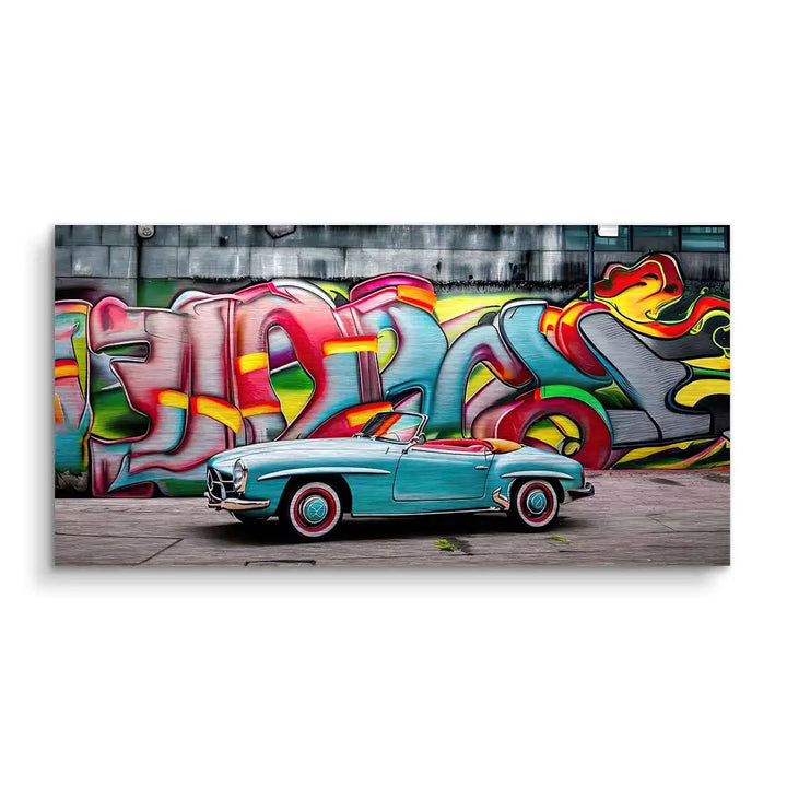 Vintage Cabrio vor bunter Graffiti-Wand als modernes Wandbild für Wohnzimmer oder Büro
