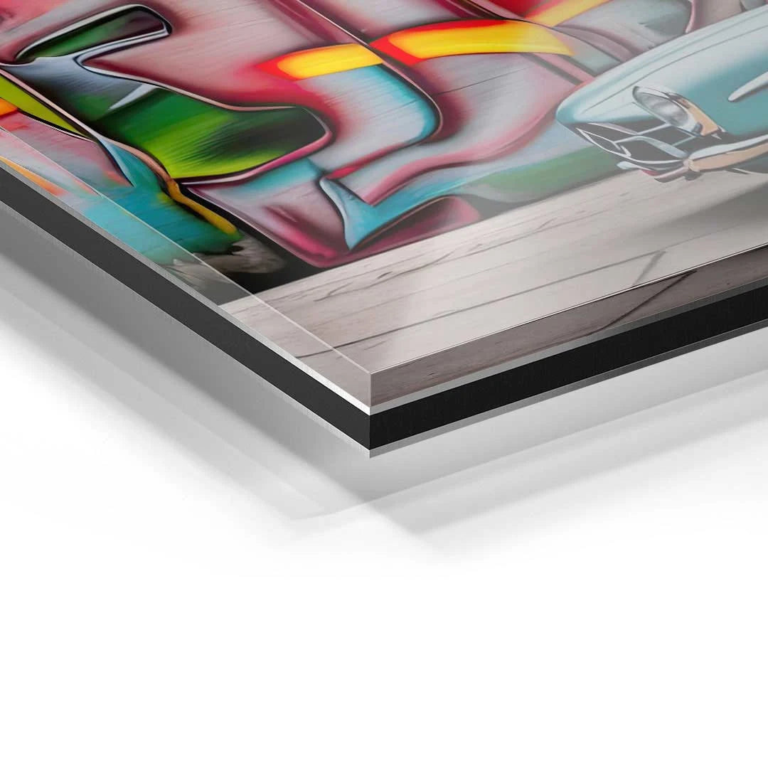 Detailaufnahme Acrylglas Wandbild mit buntem Graffiti und Oldtimer-Auto-Motiv