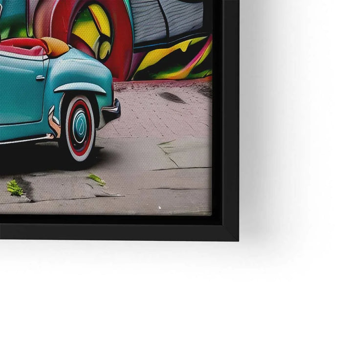 Wandbild mit türkisfarbenem Oldtimer und bunter Graffiti-Wand im modernen Kunstdruck