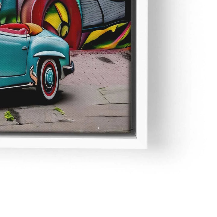 Wandbild mit Oldtimer in Türkis vor bunter Graffiti-Wand, moderner Kunstdruck