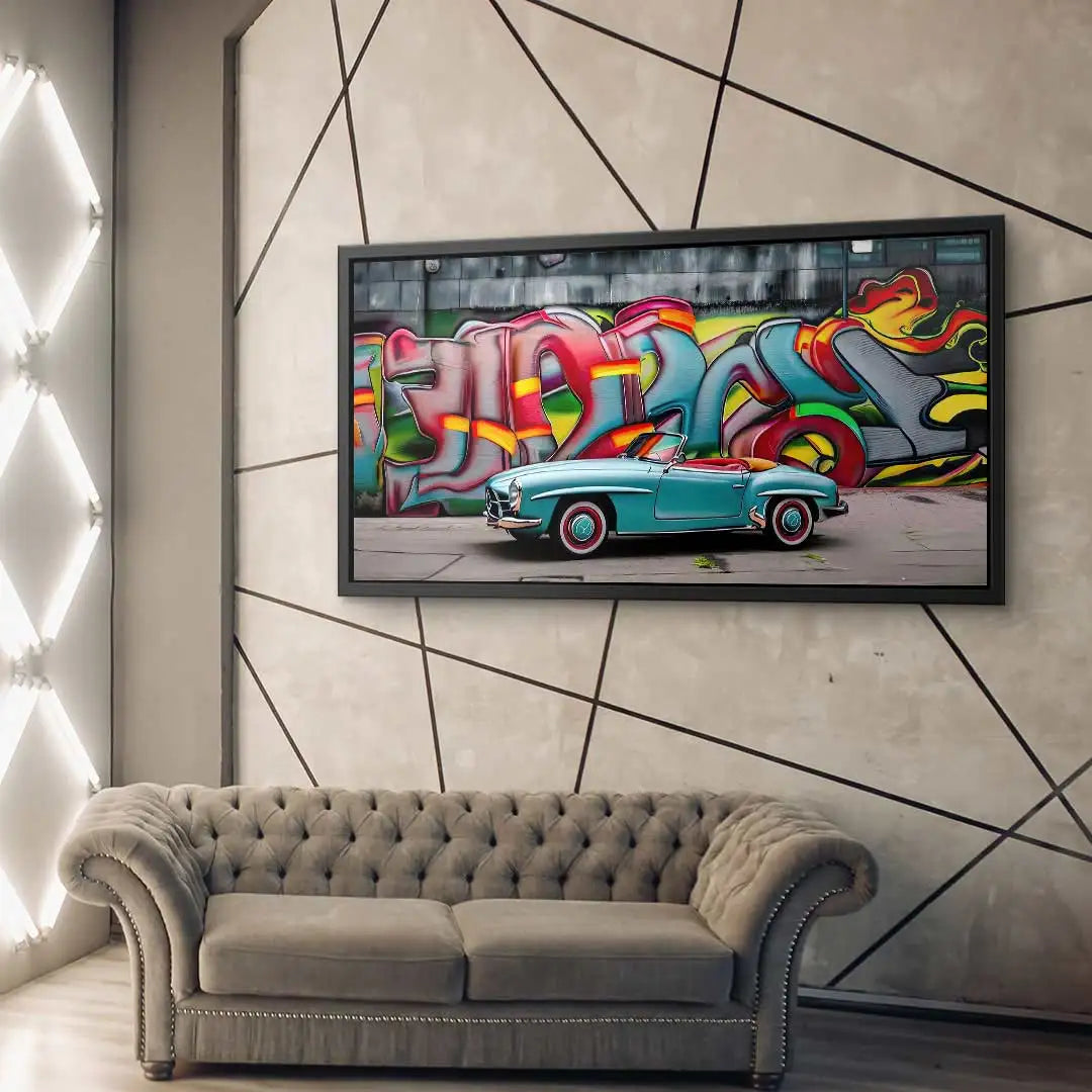 Wandbild mit Oldtimer Auto vor bunter Graffiti, modernes Wohnzimmer, Kunst auf Leinwand