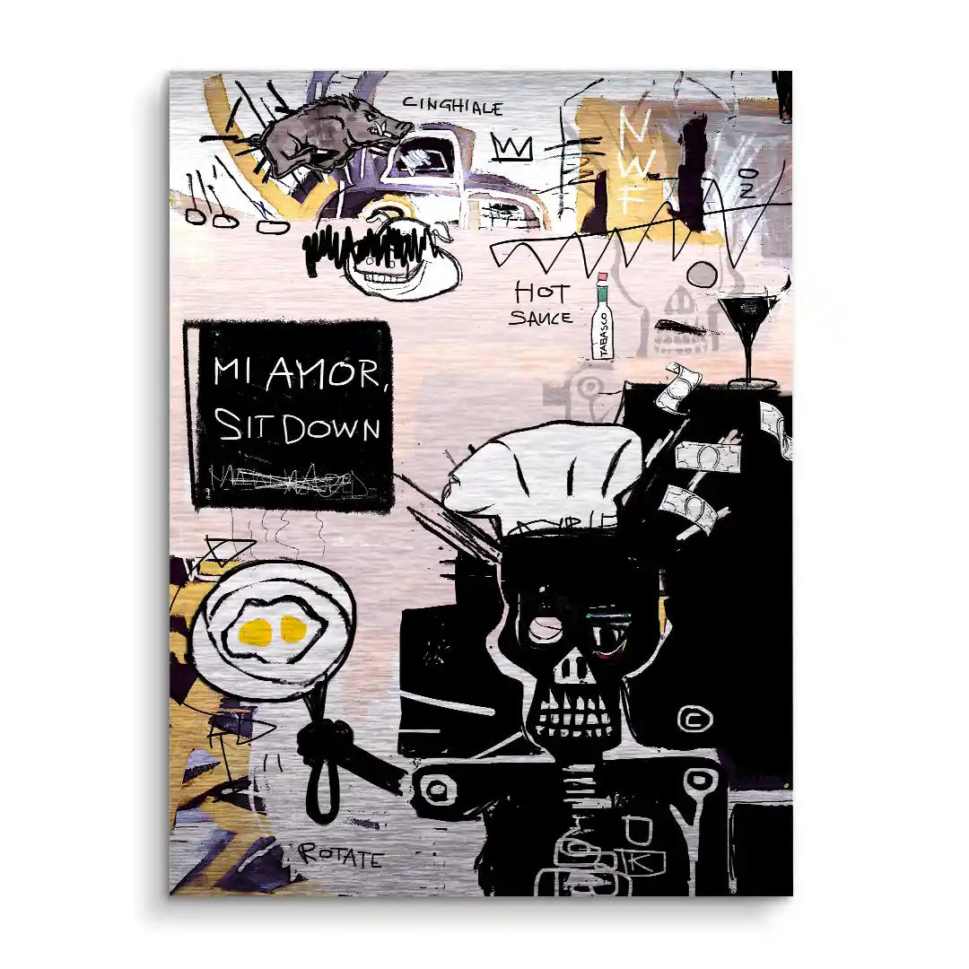 Modernes Wandbild im Pop Art Stil, Totenkopf mit Kochmütze, Text Mi Amor, Collage-Elemente