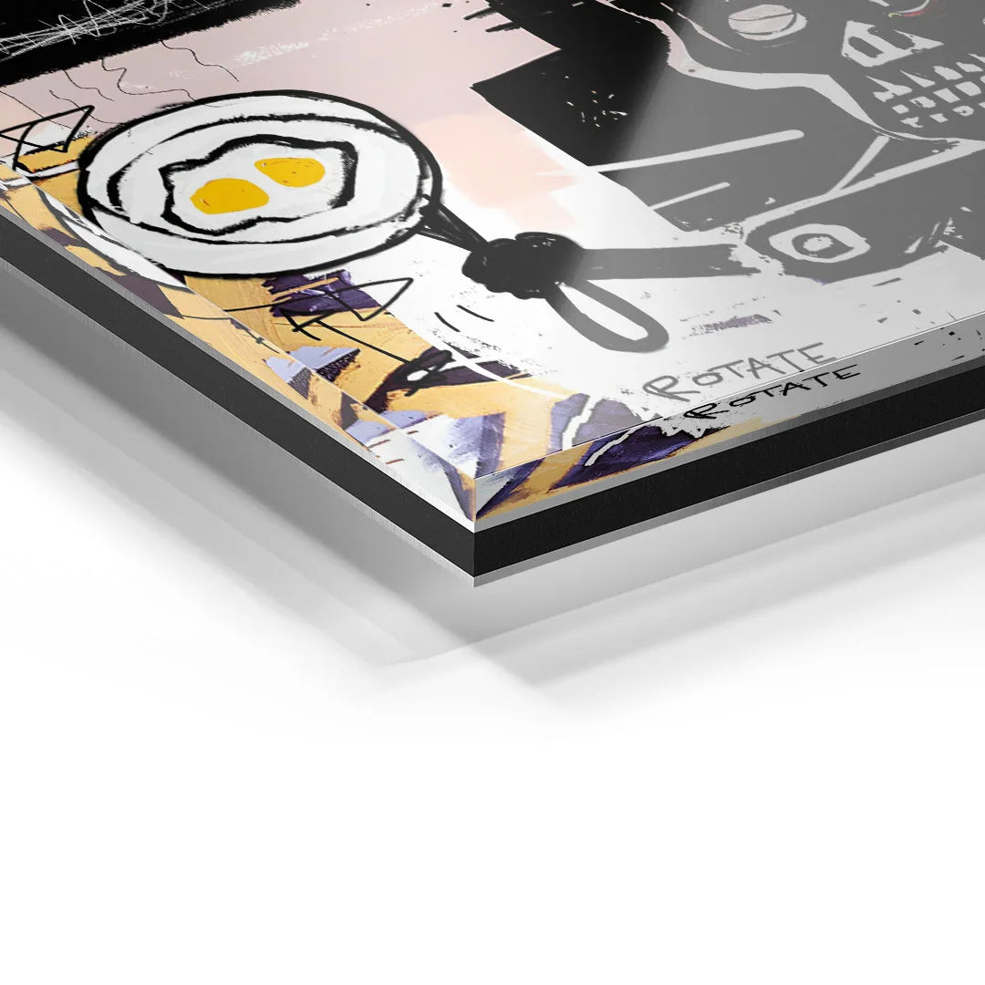 Detail eines modernen Wandbilds auf Acrylglas mit Pfanne und Spiegelei im Pop Art Stil