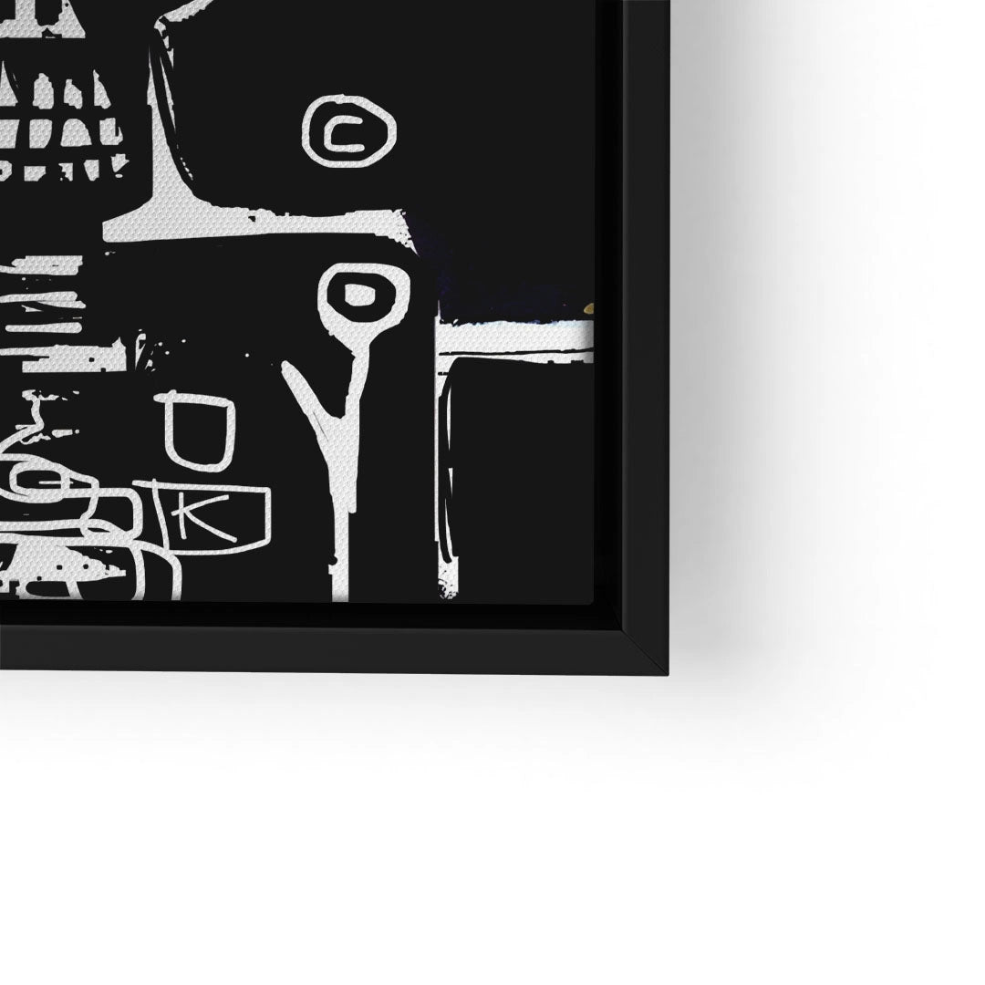Modernes, abstraktes Wandbild in Schwarz-Weiß mit grafischen Formen im schwarzen Rahmen