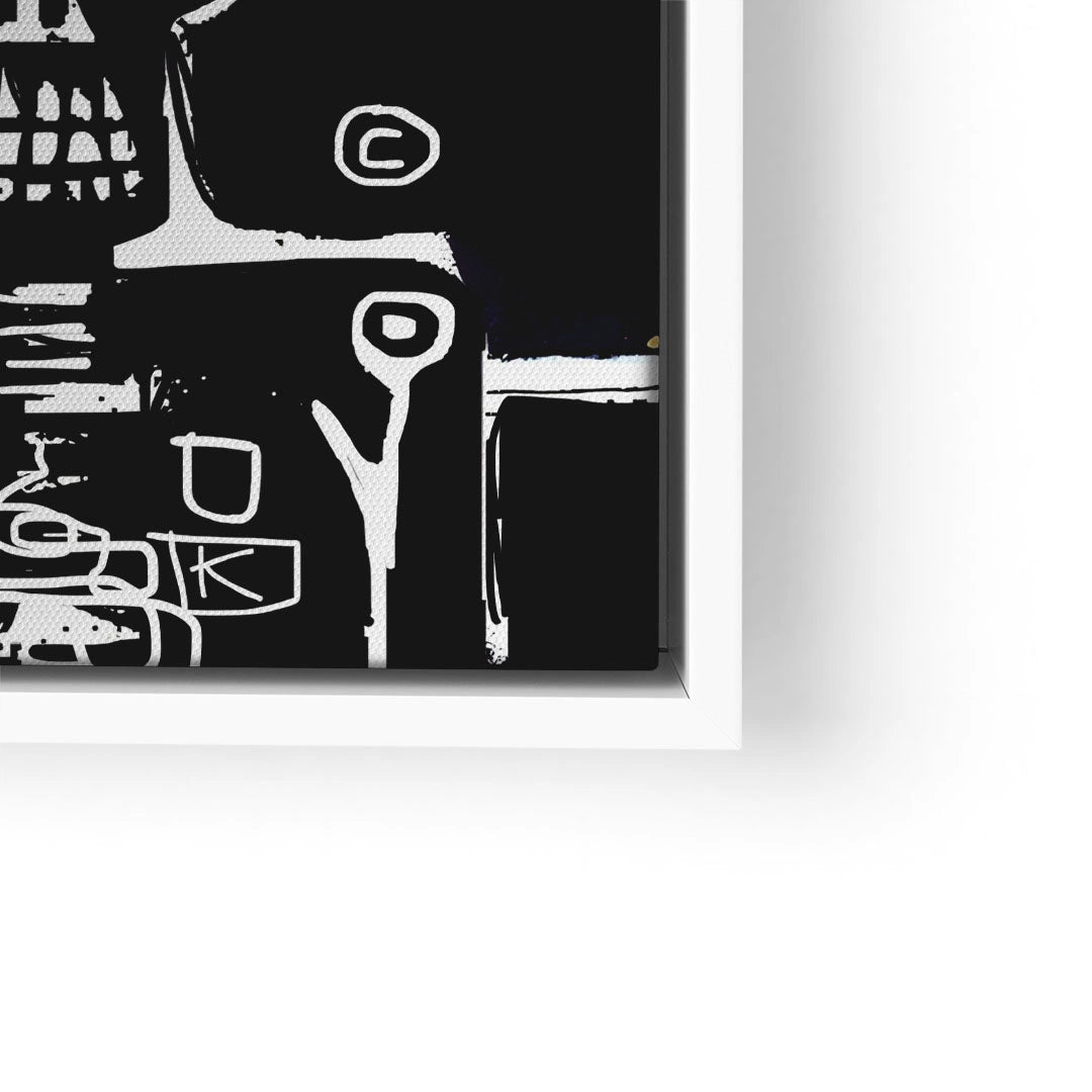 Modernes abstraktes Wandbild in Schwarz-Weiß mit grafischen Elementen und Linien
