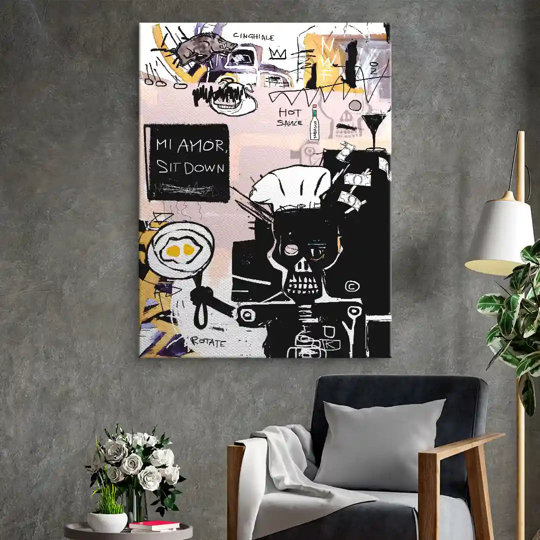Modernes Wandbild im Pop Art Stil mit Schädel, Schriftzügen und grafischen Elementen am Wohnzimmer.