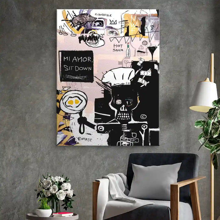 Modernes Wandbild im Pop Art Stil mit Schädel, Schriftzügen und grafischen Elementen am Wohnzimmer.
