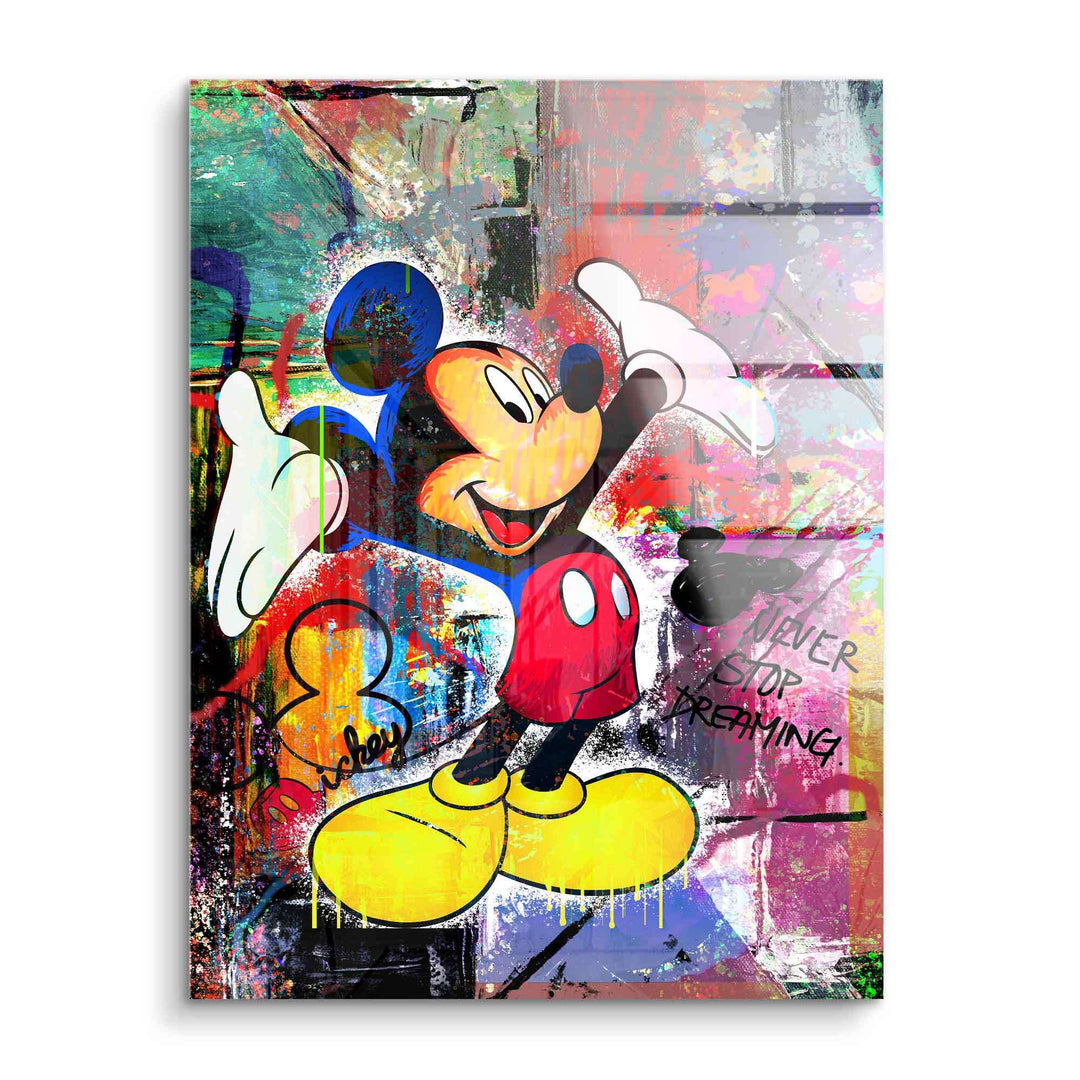 Buntes Wandbild mit Comic-Figur im Pop Art Stil, Graffiti und „Never stop dreaming“-Schriftzug