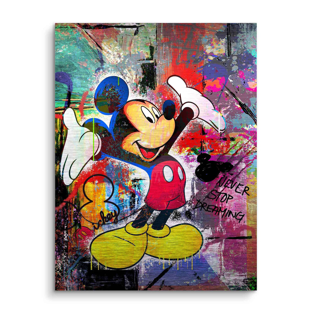 Buntes Wandbild mit Comicfigur im Pop Art Stil, Graffiti-Hintergrund, Motivationsspruch.