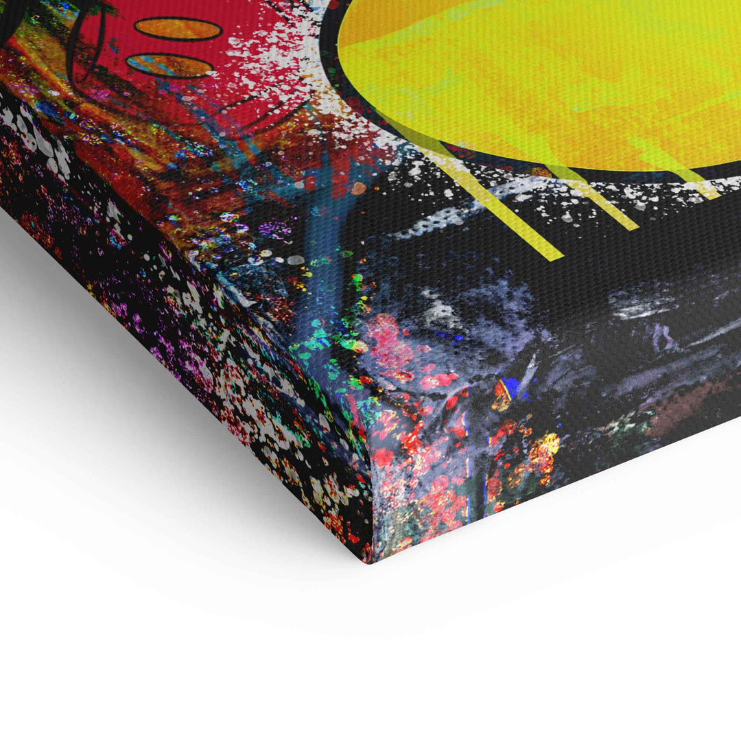 Detailansicht bunte Pop Art Comic Wandbild auf Leinwand mit Spritzfarben-Effekt