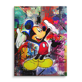 Wandbild mit Comicfigur im Pop Art Stil, bunter Graffiti-Hintergrund, Motivationsspruch