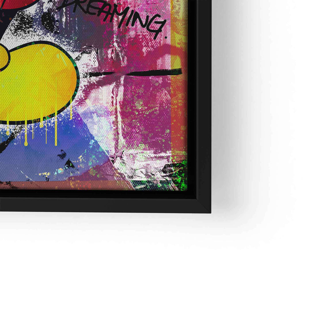 Buntes Pop Art Wandbild mit Comic-Motiv und abstrakten Farben in schwarzem Rahmen