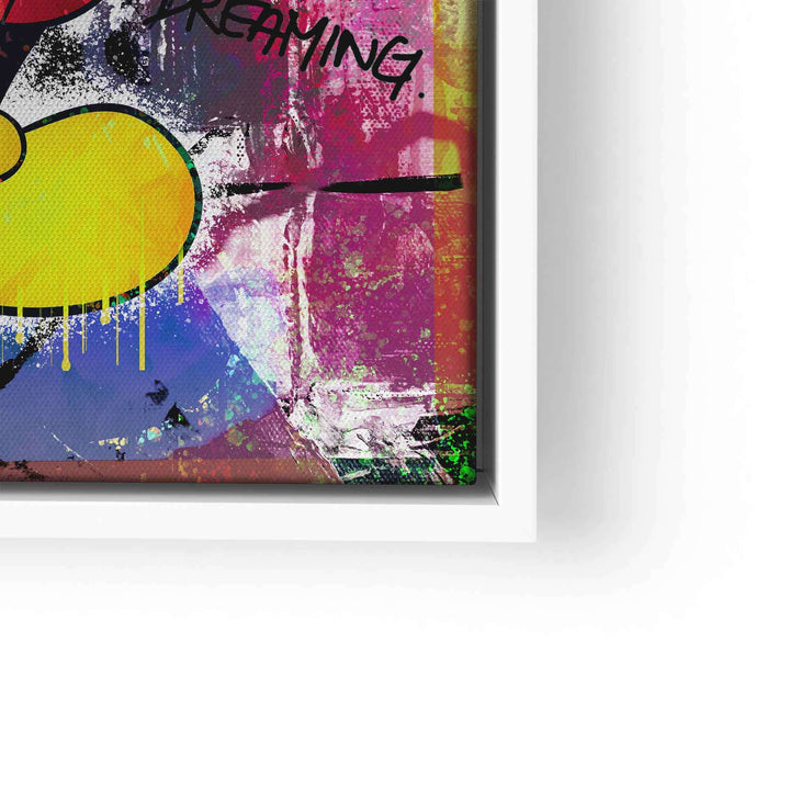 Buntes Wandbild mit Comicfigur, gelbem Kreis und Graffiti-Stil, moderner Pop Art Look.