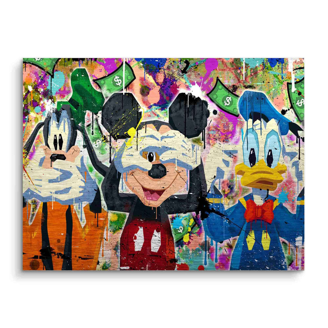 Pop Art Comic Wandbild mit drei ikonischen Cartoon-Figuren, buntem Graffiti-Hintergrund, Dollarzeichen