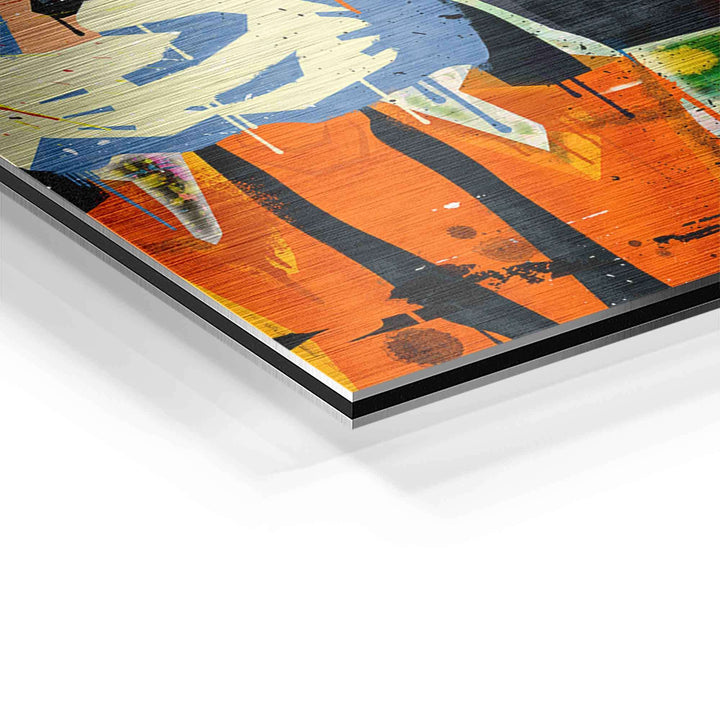 Detailaufnahme Wandbild Comic Pop Art auf Aluminium mit buntem, abstraktem Design