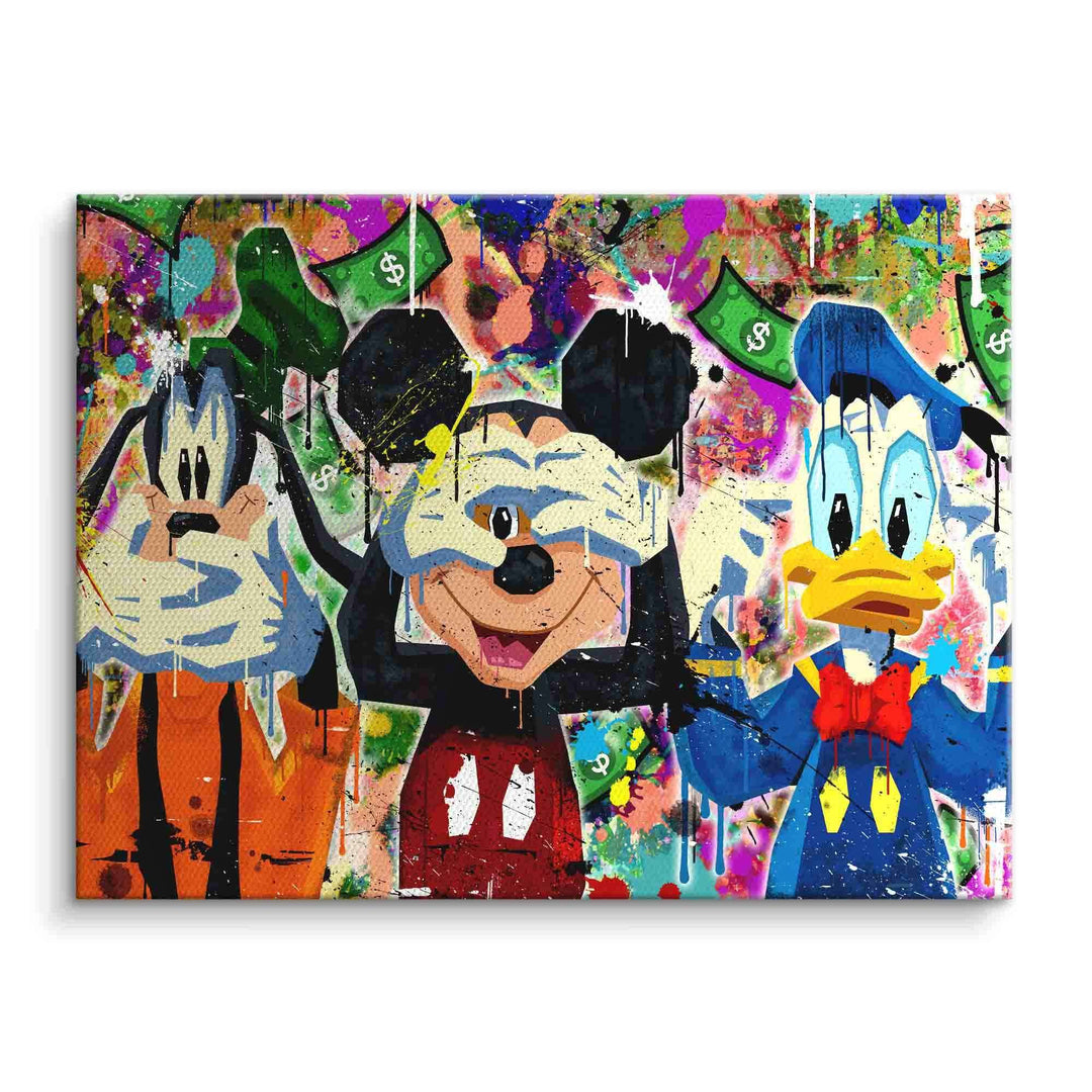 Comic Wandbild mit buntem Pop Art Motiv von drei bekannten Cartoon-Figuren und Dollar-Scheinen