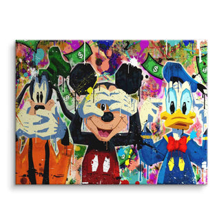 Comic Wandbild mit buntem Pop Art Motiv von drei bekannten Cartoon-Figuren und Dollar-Scheinen
