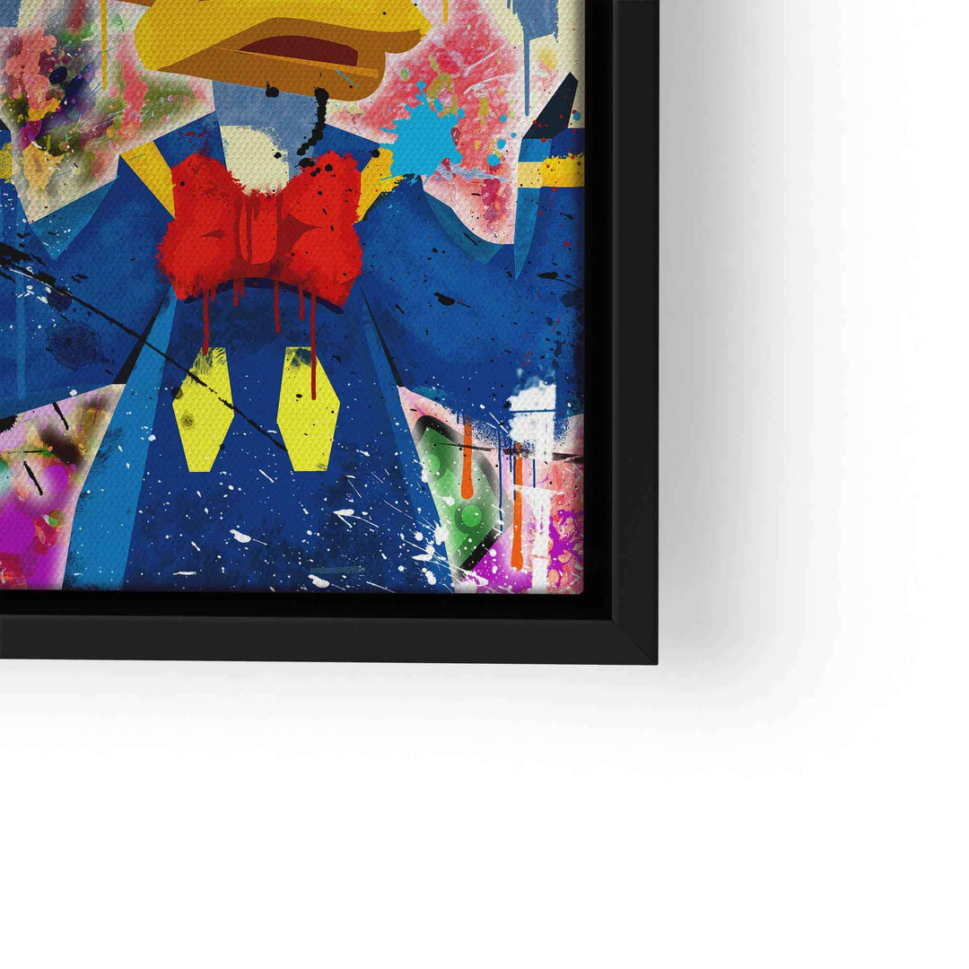 Pop Art Wandbild mit Comic-Figur im bunten, abstrakten Stil mit Farbspritzern