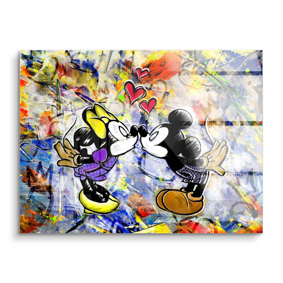 Pop Art Wandbild mit Comic-Motiv, zwei Figuren küssen sich vor buntem, abstraktem Hintergrund