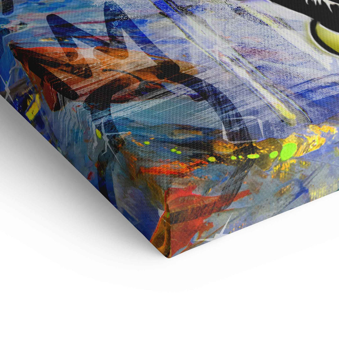 Detail eines bunten Pop Art Wandbilds auf Leinwand mit abstrakten Farben und Comic-Elementen