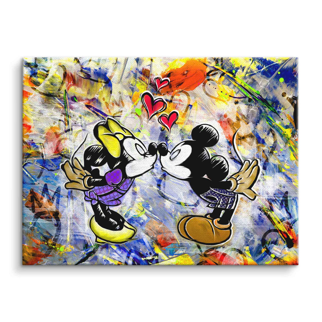 Buntes Pop Art Wandbild mit Comic-Motiv, zwei Mäuse küssen sich vor Graffiti-Hintergrund