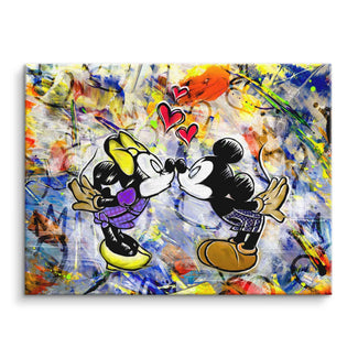 Buntes Pop Art Wandbild mit Comic-Motiv, zwei Mäuse küssen sich vor Graffiti-Hintergrund