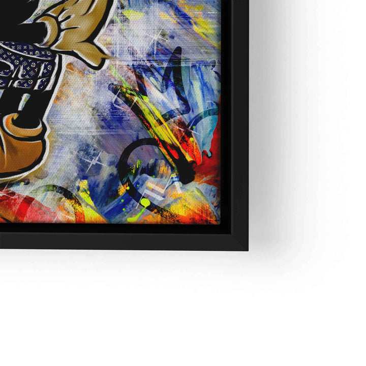 Buntes Pop Art Wandbild mit Comicfigur, schwarz gerahmt, abstrakter Hintergrund